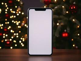 ai generato ai generazione. modello smartphone con vuoto schermo su di legno tavolo e Natale albero foto