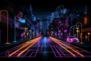 futuristico città con neon luci e strada, 3d rendering, neon colore tabella di marcia, strada, buio sfondo con obiettivi, ai generato foto