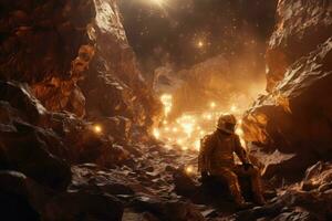astronauta seduta nel un' grotta. fantasia paesaggio. 3d rendering, estrazione oro, ai generato foto