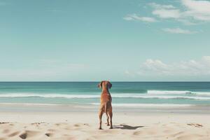 cane su il spiaggia con mare e blu cielo - Vintage ▾ filtro effetto, cane su il spiaggia, ai generato foto