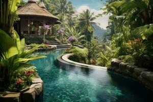 tropicale giardino con nuoto piscina e palma alberi, bali isola, Indonesia, esotico oasi nel Bali, un' tropicale nuoto piscina, annidato in mezzo il mozzafiato scenario di Indonesia, ai generato foto