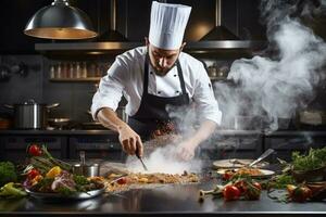 capocuoco preparazione cibo nel il cucina a il ristorante. professionale capocuoco cucinando, buongustaio capocuoco cucinando nel un' commerciale cucina, ai generato foto