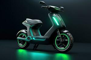 moderno scooter su un' buio sfondo. 3d resa. neon luce, generico elettrico scooter, futuristico mobilità soluzione per città. sostenibile mezzi di trasporto soluzioni. verde energia, ai generato foto