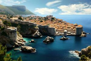 dubrovnik vecchio cittadina, Croazia. panoramico Visualizza, generale Visualizza di dubrovnik - fortezze lovrijenac e bokar visto, ai generato foto