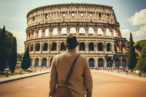 un' giovane uomo nel un' cappello e un' cappotto sembra a il colosseo nel Roma, Italia, maschio turista in piedi nel davanti di un' sabbioso spiaggia e Guardando il mare, posteriore Visualizza, pieno corpo, ai generato foto