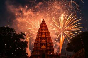 fuochi d'artificio a wat Phra mahathat woramahawihan, ayutthaya, Tailandia, fuochi d'artificio sopra un' indù tempio durante Diwali o deepavali, ai generato foto