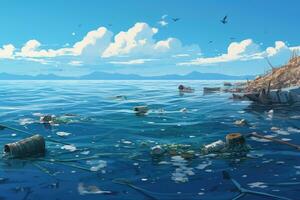 plastica spazzatura nel il mare. ambientale inquinamento concetto. 3d rendering, mucchio di spazzatura e rifiuto nel il mare. inquinamento di ambiente concetto, ai generato foto
