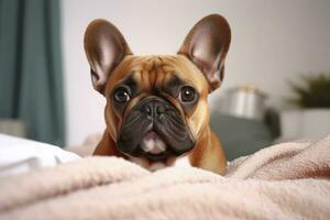 carino francese bulldog nel un' Camera da letto, avvicinamento. ai generativo foto