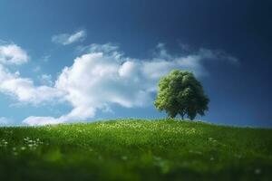 verde campo e albero su blu cielo. ai generativo foto