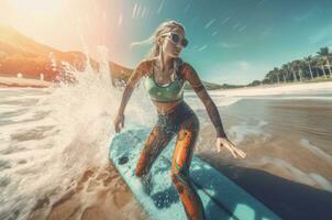 femmina surfer divertimento estate volta. creare ai foto