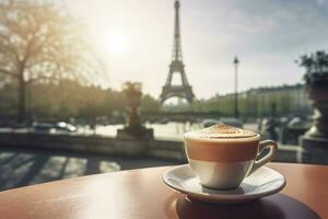 cappuccino tazza su tavolo con giro eiffel panoramico Visualizza. creare ai foto