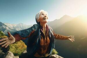 anziano donna escursionismo. creare ai foto