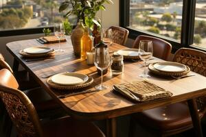 superiore Visualizza fotografie di tavolo impostato nel cenare camera ai generato