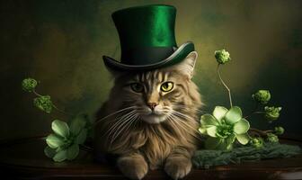 elegante gatto nel un' verde cappello e cravatta festeggiare st. Patrick giorno. ai generativo foto