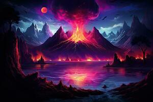 fantasia paesaggio con vulcano, lago e pianeta. vettore illustrazione, notte fantasia paesaggio con astratto montagne e isola su il acqua, esplosivo vulcano con ardente lava, neon, ai generato foto