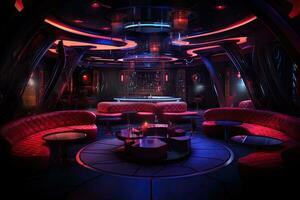 interno di un' discoteca con rosso sedie e tavoli, 3d rendering, notte club interno, ai generato foto