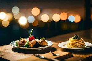 Due piatti con cibo su un' tavolo nel davanti di un' paesaggio urbano. ai-generato foto