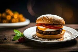 un' Hamburger con pomodoro, uovo e formaggio su un' bianca piatto. ai-generato foto