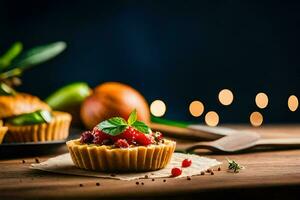 piccolo torte con frutta e spezie su un' di legno tavolo. ai-generato foto