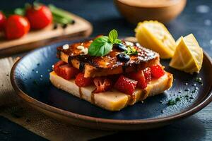 un' piatto con un' Sandwich con fragole e pomodori. ai-generato foto