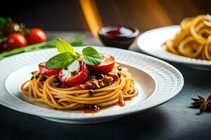 spaghetti con pomodoro salsa e basilico le foglie su un' bianca piatto. ai-generato foto