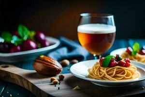 spaghetti con pomodoro salsa e noccioline su un' di legno tavolo. ai-generato foto