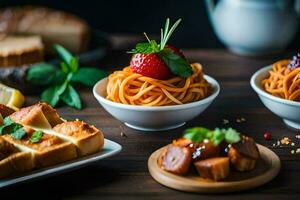 un' tavolo con ciotole di tagliatelle, pane e fragole. ai-generato foto