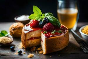 un' torta di formaggio con frutti di bosco e un' bicchiere di birra. ai-generato foto