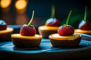 mini cheesecake con fragole su superiore. ai-generato foto