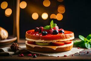 un' torta con frutti di bosco e crema su un' di legno tavolo. ai-generato foto