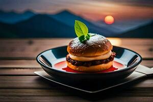 un' hamburger su un' piatto con un' montagna nel il sfondo. ai-generato foto