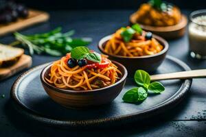 spaghetti con pomodoro salsa e verdure nel un' di legno ciotola su un' nero sfondo. ai-generato foto