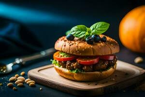 un' Hamburger con verdure e un' zucca su un' taglio tavola. ai-generato foto