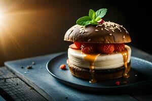 un' Hamburger con fragole e crema su un' nero piatto. ai-generato foto