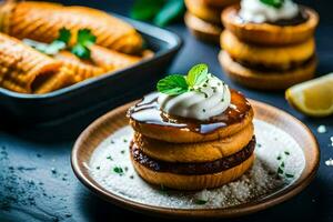 un' piatto di mini ciambelle con frustato crema e un' Limone cuneo. ai-generato foto