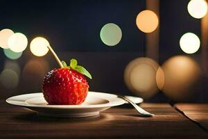 un' fragola su un' piatto con un' forchetta e cucchiaio. ai-generato foto