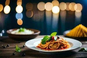 spaghetti con pomodoro salsa e basilico su un' piatto. ai-generato foto