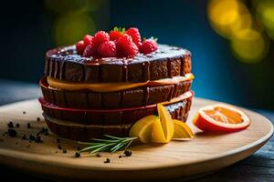 un' torta con cioccolato, lamponi e arancia fette. ai-generato foto