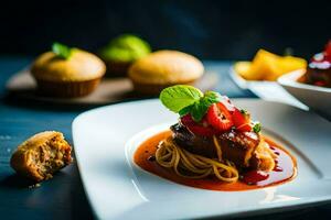 un' piatto di cibo con spaghetti e carne. ai-generato foto