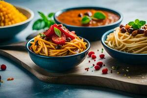 tre ciotole di pasta con diverso salse e verdure. ai-generato foto