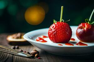 Due fragole con sciroppo e noccioline su un' piatto. ai-generato foto