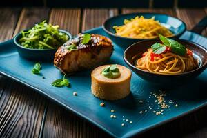 un' piatto con cibo su esso, Compreso spaghetti, carne e verdure. ai-generato foto