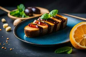 un' fetta di pane con frutta e erbe aromatiche su esso. ai-generato foto