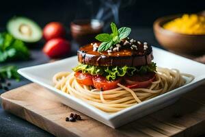 un' piatto con un' hamburger e spaghetti su esso. ai-generato foto