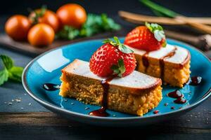 un' piatto con un' fetta di torta di formaggio e fragole. ai-generato foto