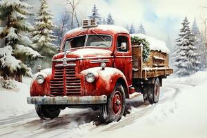 acquerello retrò Vintage ▾ paesaggio con un' Natale camion su il sfondo di un' inverno villaggio. ai arte foto