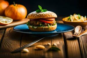 un' Hamburger con verdure e un' coltello su un' blu piatto. ai-generato foto