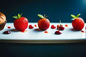 fragole e muffin su un' piatto. ai-generato foto