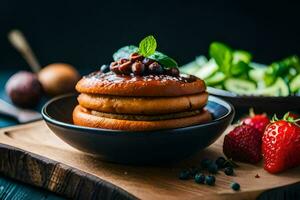 Pancakes con frutti di bosco e menta su un' di legno taglio tavola. ai-generato foto