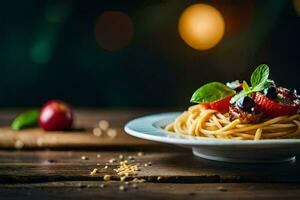 spaghetti con pomodoro salsa e basilico le foglie su un' piatto. ai-generato foto